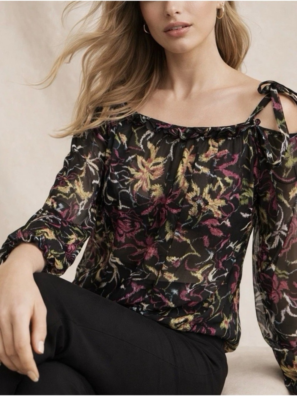 Sonia Rykiel Paris Floral Sheer Blouse Off Shoulder Tie Detail XS S